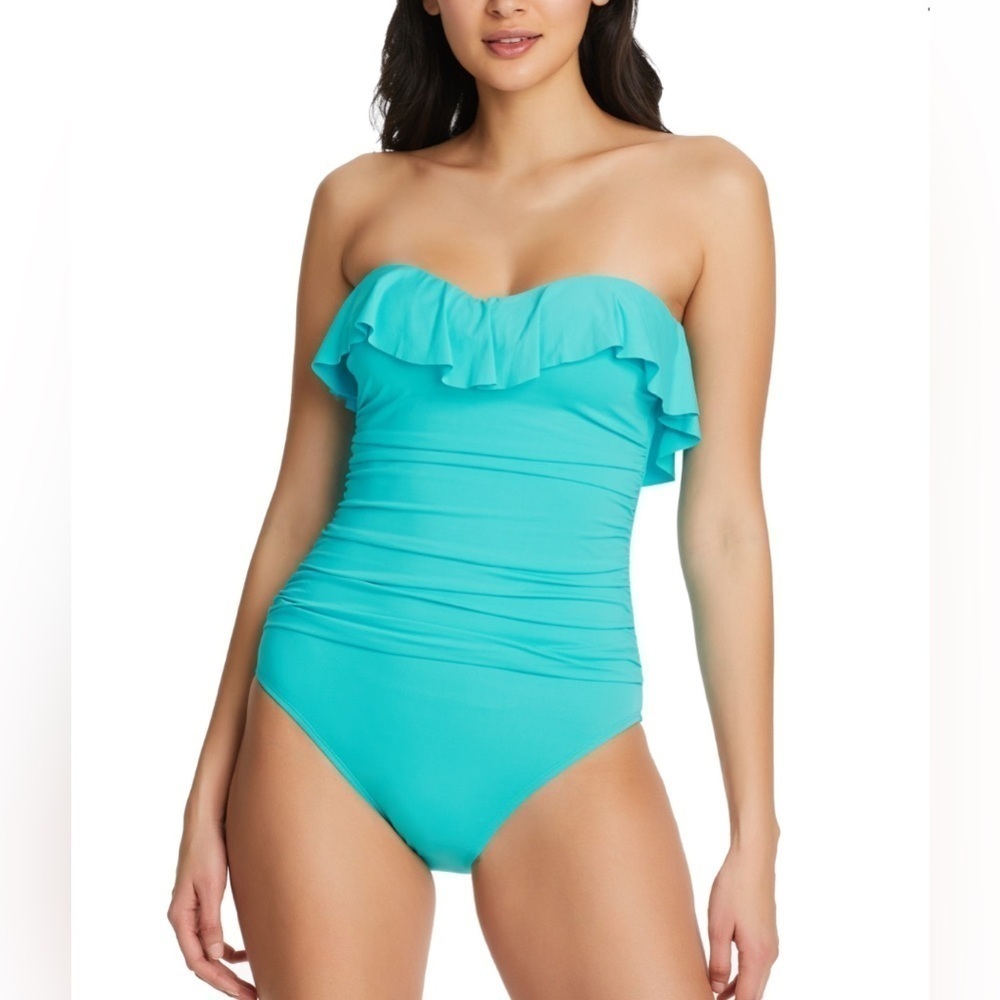 Bleu Rod Beattie WAVE RUNNER Kore Ruffled Bandeau One Piece Swimsuit 4 blue